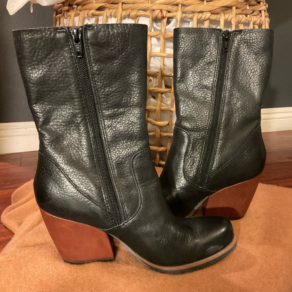Kork-Ease Women's Turner Mid-Calf Boots Black Leather Block Heel